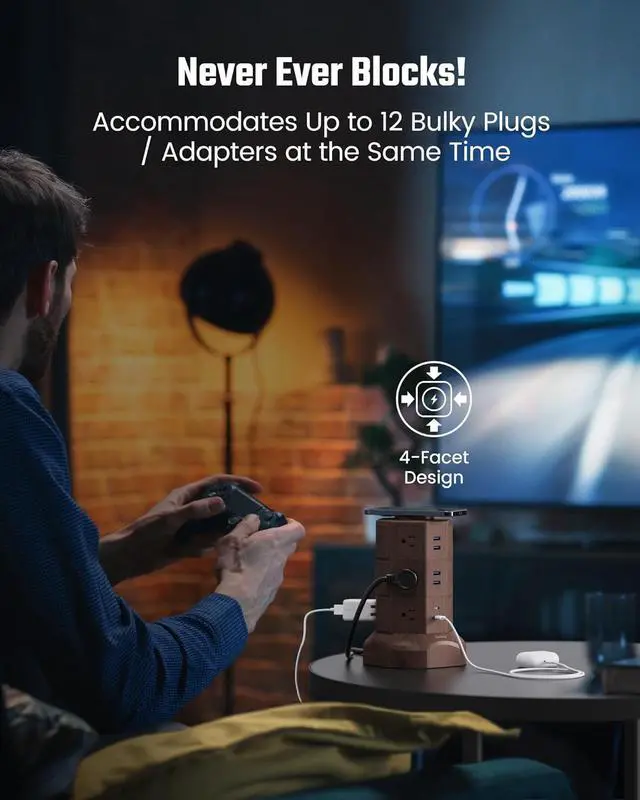 Alt view image 3 of 7 - Power Strip Tower with 15W Wireless Charger, SUPERDANNY 1050J Surge Protector Tower 13A Charging Station with 12 AC Outlets & 6 USB Ports (2 USB C), 6.5ft Extension Cord for Home Office, Wood Grain