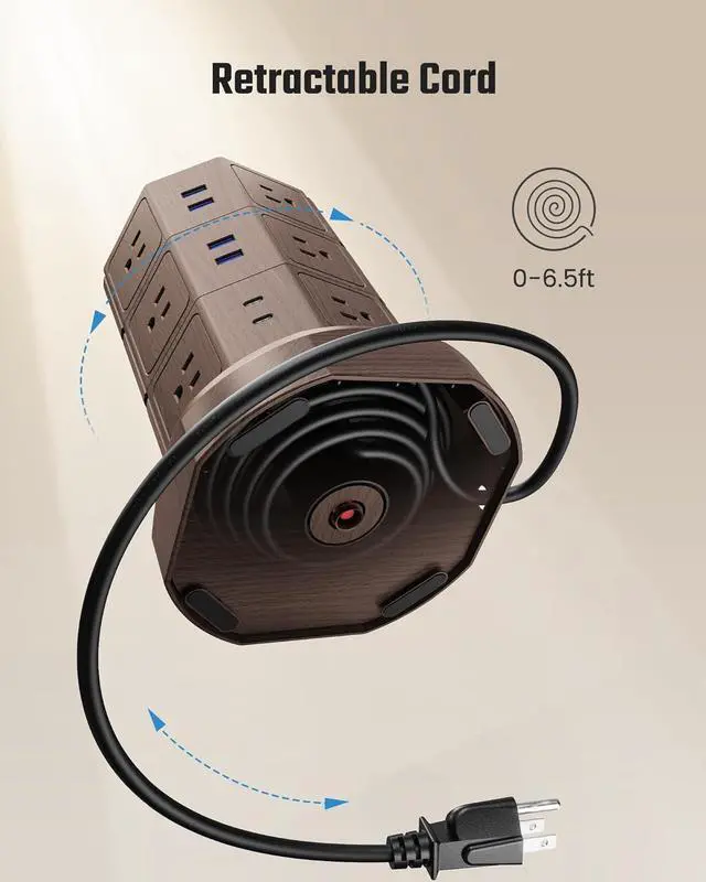 Alt view image 5 of 7 - Power Strip Tower with 15W Wireless Charger, SUPERDANNY 1050J Surge Protector Tower 13A Charging Station with 12 AC Outlets & 6 USB Ports (2 USB C), 6.5ft Extension Cord for Home Office, Wood Grain