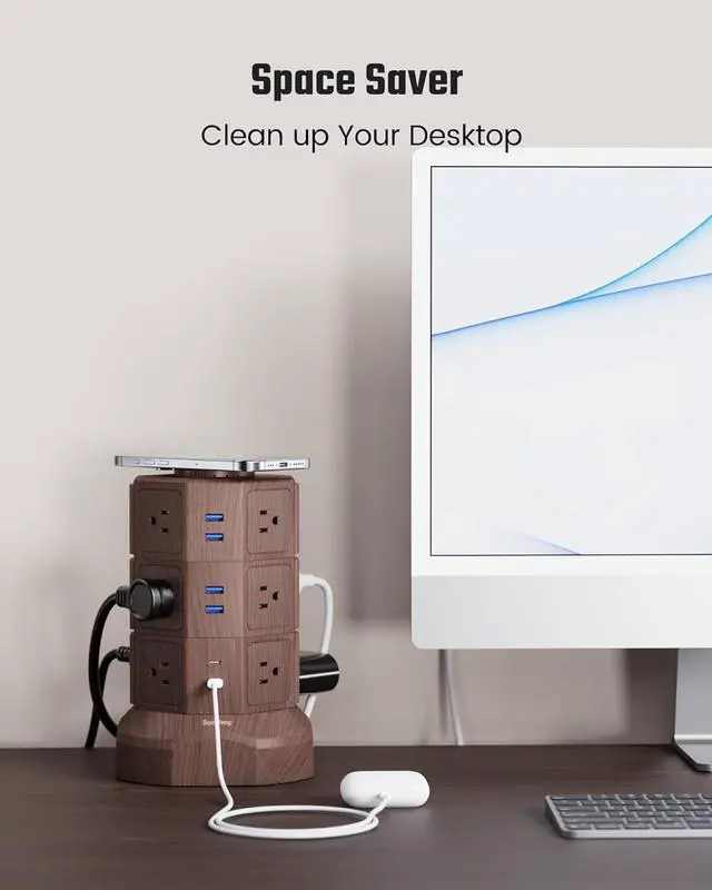 Alt view image 7 of 7 - Power Strip Tower with 15W Wireless Charger, SUPERDANNY 1050J Surge Protector Tower 13A Charging Station with 12 AC Outlets & 6 USB Ports (2 USB C), 6.5ft Extension Cord for Home Office, Wood Grain
