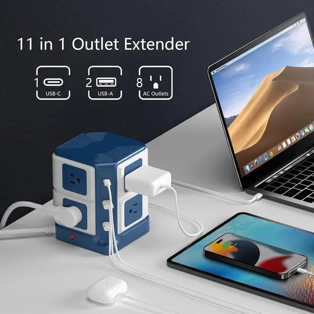 Alt view image 2 of 7 - Power Strip Tower with PD20W USB C, BESTEK 8-Outlet and USB Charging Ports 2100 Joules Surge Protector, 5 Feet Extension Cord Flat Plug, ETL Listed