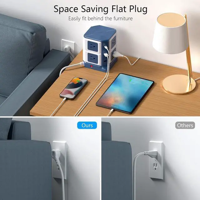 Alt view image 4 of 7 - Power Strip Tower with PD20W USB C, BESTEK 8-Outlet and USB Charging Ports 2100 Joules Surge Protector, 5 Feet Extension Cord Flat Plug, ETL Listed