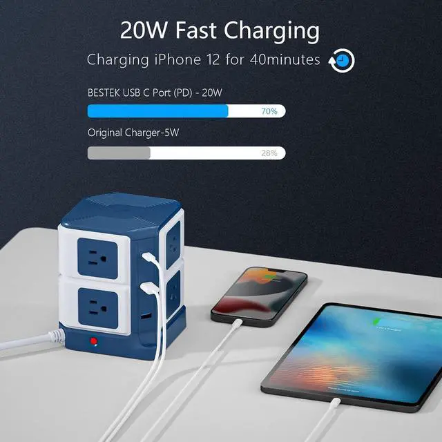 Alt view image 3 of 7 - Power Strip Tower with PD20W USB C, BESTEK 8-Outlet and USB Charging Ports 2100 Joules Surge Protector, 5 Feet Extension Cord Flat Plug, ETL Listed