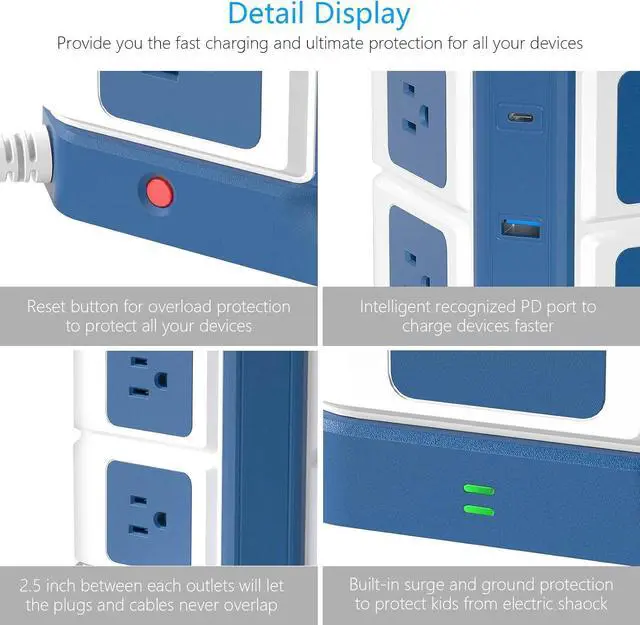 Alt view image 6 of 7 - Power Strip Tower with PD20W USB C, BESTEK 8-Outlet and USB Charging Ports 2100 Joules Surge Protector, 5 Feet Extension Cord Flat Plug, ETL Listed