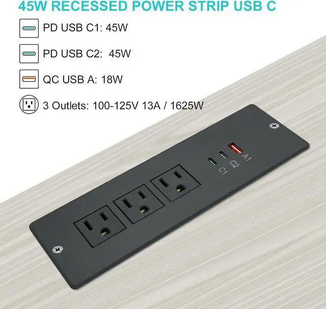 Alt view image 2 of 7 - 45W Recessed Power Strip USB C for Laptop,Flush Mount Desk Power Outlets 3 AC Outlets 3 USB Ports Flat Plug Extension Cord Built in Sofa Table Cabinet Nightstand Couch Black