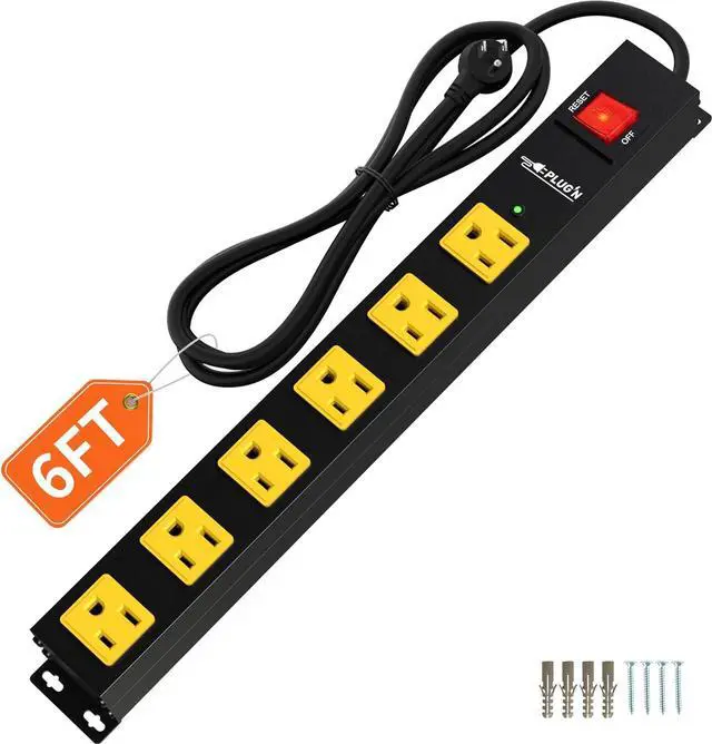 Main image of Power Strip 2700J Surge Protector, 6 Outlet Heavy Duty Power Strips with Flat Plug and 6FT Long Cord, Wall Mountable Metal Outlet Strip for Desk, Garage, Workbench and Kitchen
