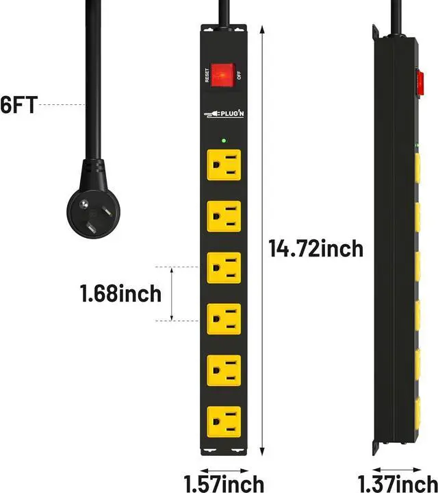 Alt view image 7 of 7 - Power Strip 2700J Surge Protector, 6 Outlet Heavy Duty Power Strips with Flat Plug and 6FT Long Cord, Wall Mountable Metal Outlet Strip for Desk, Garage, Workbench and Kitchen