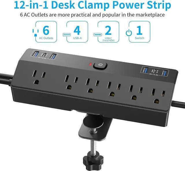 Alt view image 2 of 7 - Desk Clamp Power Strip with 40W Fast Charging Station, JXGUCAT Removable Desk Clamp Mount Power Strip Surge Protector, 2 USB-C Ports, 6 AC Outlets and 10ft Cord, Fits 1.8" Tabletop Edge