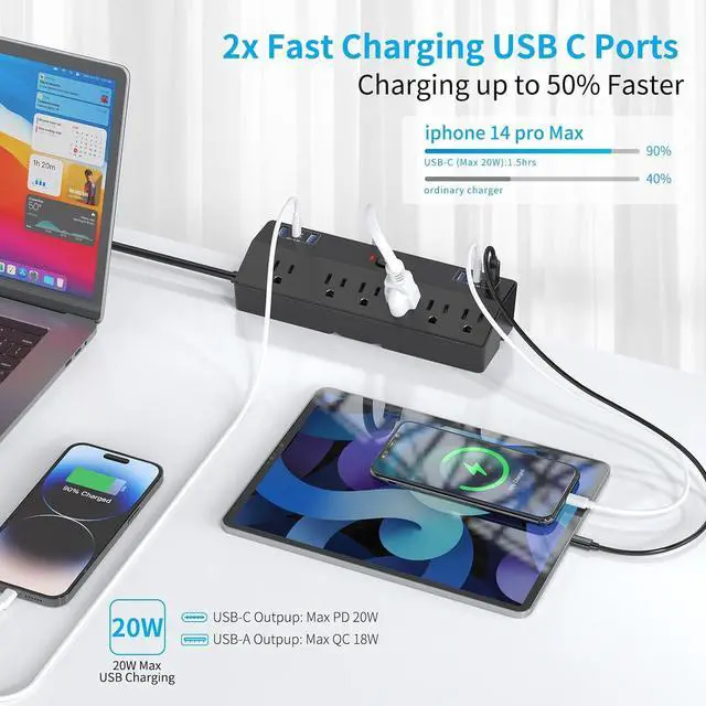 Alt view image 4 of 7 - Desk Clamp Power Strip with 40W Fast Charging Station, JXGUCAT Removable Desk Clamp Mount Power Strip Surge Protector, 2 USB-C Ports, 6 AC Outlets and 10ft Cord, Fits 1.8" Tabletop Edge