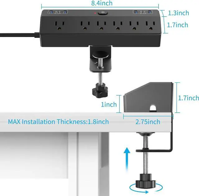 Alt view image 6 of 7 - Desk Clamp Power Strip with 40W Fast Charging Station, JXGUCAT Removable Desk Clamp Mount Power Strip Surge Protector, 2 USB-C Ports, 6 AC Outlets and 10ft Cord, Fits 1.8" Tabletop Edge