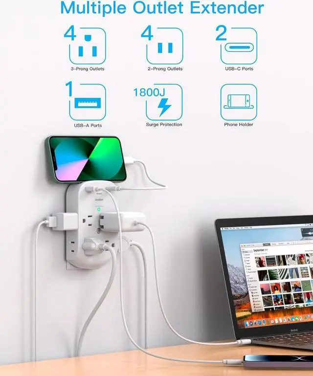 Alt view image 2 of 7 - Surge Protector Outlet Extender, 8 Multi Plug Outlet with 3 USB Wall Charger (2 USB C Port), 3 Sided Multi Plug Wall Outlet Splitter, Multiple Plug Adapter for Home Office Dorm Room