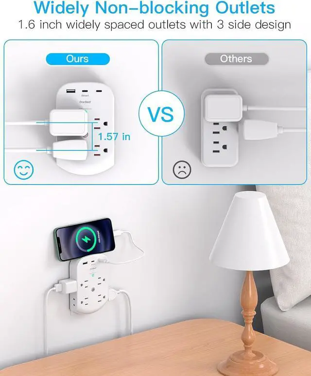 Alt view image 4 of 7 - Surge Protector Outlet Extender, 8 Multi Plug Outlet with 3 USB Wall Charger (2 USB C Port), 3 Sided Multi Plug Wall Outlet Splitter, Multiple Plug Adapter for Home Office Dorm Room