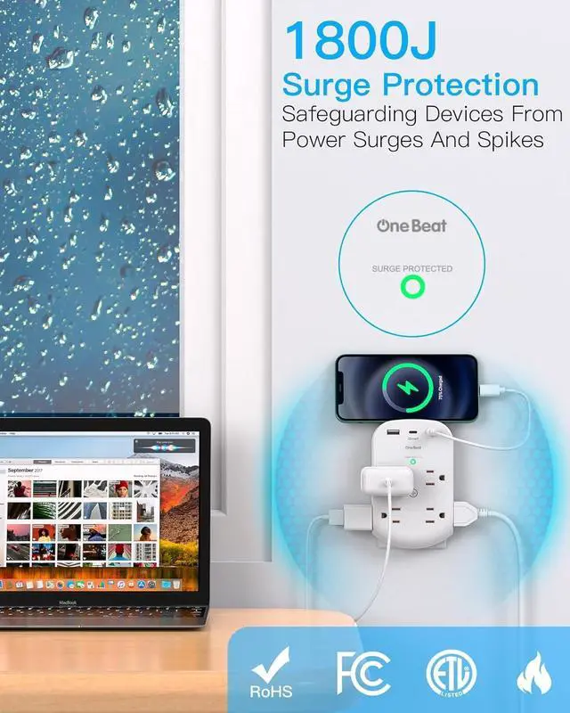 Alt view image 5 of 7 - Surge Protector Outlet Extender, 8 Multi Plug Outlet with 3 USB Wall Charger (2 USB C Port), 3 Sided Multi Plug Wall Outlet Splitter, Multiple Plug Adapter for Home Office Dorm Room