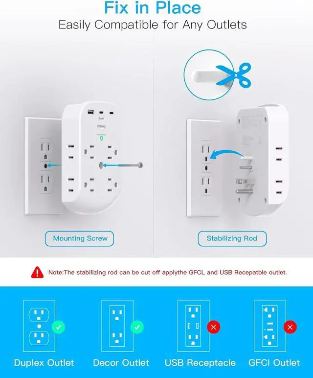 Alt view image 6 of 7 - Surge Protector Outlet Extender, 8 Multi Plug Outlet with 3 USB Wall Charger (2 USB C Port), 3 Sided Multi Plug Wall Outlet Splitter, Multiple Plug Adapter for Home Office Dorm Room