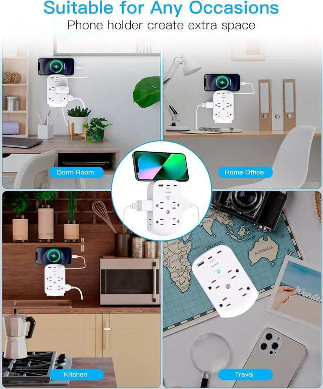 Alt view image 7 of 7 - Surge Protector Outlet Extender, 8 Multi Plug Outlet with 3 USB Wall Charger (2 USB C Port), 3 Sided Multi Plug Wall Outlet Splitter, Multiple Plug Adapter for Home Office Dorm Room