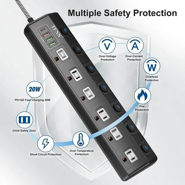 Alt view image 2 of 7 - Power Strip with USB Ports,Wall Mount 5FT Total 70W 4 USB Charging Station,USB-C(PD 20W) 3USB-A(QC20W*1,5V3A*2),Individually Switchable 1875W Extension Cord with 6 Outlets,Overload Protection