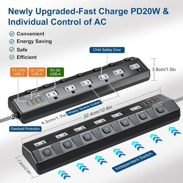 Alt view image 3 of 7 - Power Strip with USB Ports,Wall Mount 5FT Total 70W 4 USB Charging Station,USB-C(PD 20W) 3USB-A(QC20W*1,5V3A*2),Individually Switchable 1875W Extension Cord with 6 Outlets,Overload Protection