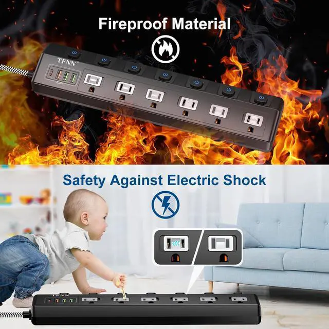 Alt view image 4 of 7 - Power Strip with USB Ports,Wall Mount 5FT Total 70W 4 USB Charging Station,USB-C(PD 20W) 3USB-A(QC20W*1,5V3A*2),Individually Switchable 1875W Extension Cord with 6 Outlets,Overload Protection