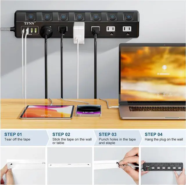 Alt view image 5 of 7 - Power Strip with USB Ports,Wall Mount 5FT Total 70W 4 USB Charging Station,USB-C(PD 20W) 3USB-A(QC20W*1,5V3A*2),Individually Switchable 1875W Extension Cord with 6 Outlets,Overload Protection