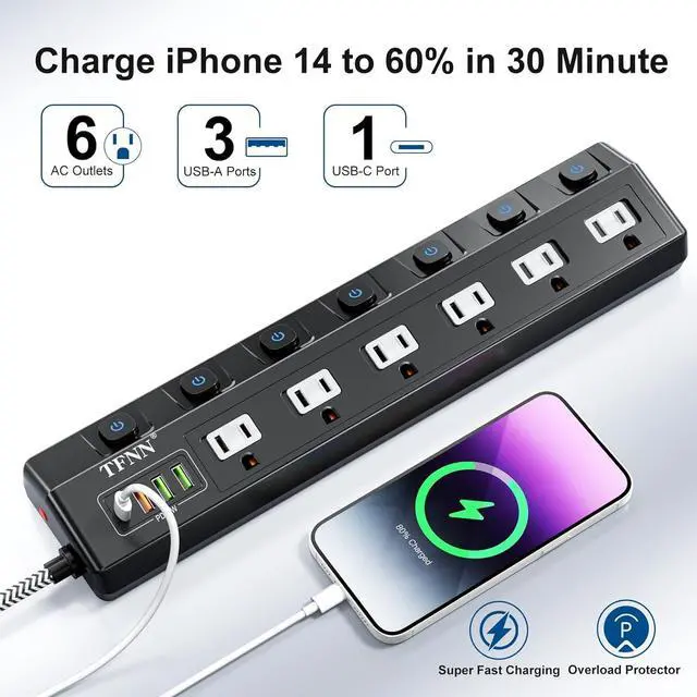 Alt view image 6 of 7 - Power Strip with USB Ports,Wall Mount 5FT Total 70W 4 USB Charging Station,USB-C(PD 20W) 3USB-A(QC20W*1,5V3A*2),Individually Switchable 1875W Extension Cord with 6 Outlets,Overload Protection