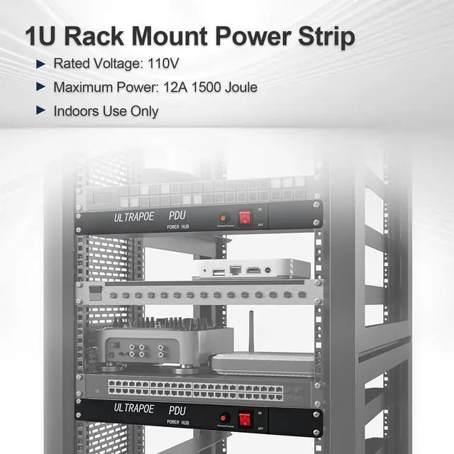 Alt view image 3 of 7 - 6 Outlet Horizontal 1U Rack Mount PDU Power Strip,Surge Protector,Rack Mount Protection Power Outlet Strip for Server Racks,12A,1500 Joule,Heavy-Duty Electric Extension Cord Strip w/ 6 ft Power Cord