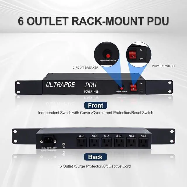 Alt view image 2 of 7 - 6 Outlet Horizontal 1U Rack Mount PDU Power Strip,Surge Protector,Rack Mount Protection Power Outlet Strip for Server Racks,12A,1500 Joule,Heavy-Duty Electric Extension Cord Strip w/ 6 ft Power Cord