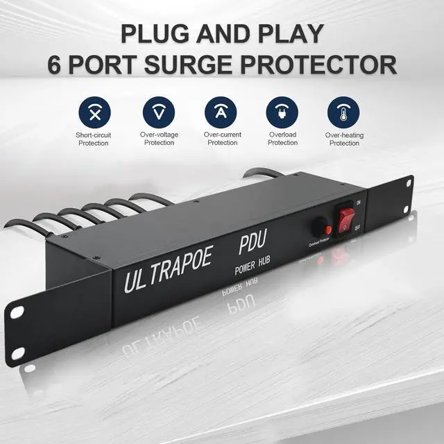 Alt view image 4 of 7 - 6 Outlet Horizontal 1U Rack Mount PDU Power Strip,Surge Protector,Rack Mount Protection Power Outlet Strip for Server Racks,12A,1500 Joule,Heavy-Duty Electric Extension Cord Strip w/ 6 ft Power Cord
