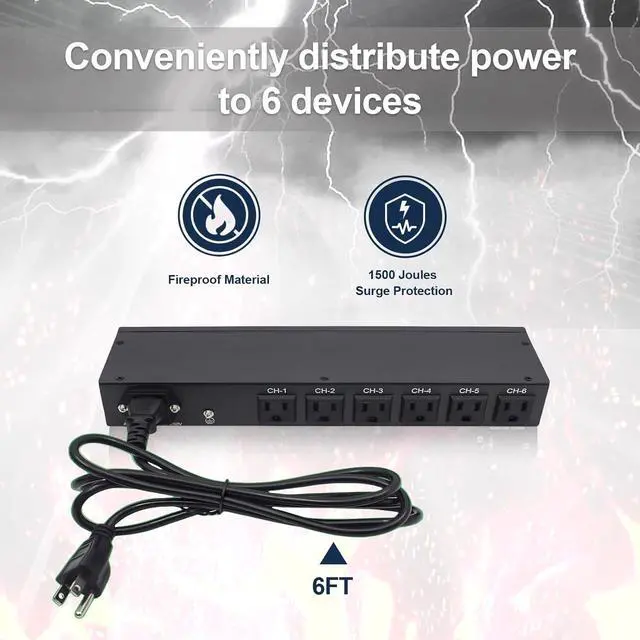 Alt view image 5 of 7 - 6 Outlet Horizontal 1U Rack Mount PDU Power Strip,Surge Protector,Rack Mount Protection Power Outlet Strip for Server Racks,12A,1500 Joule,Heavy-Duty Electric Extension Cord Strip w/ 6 ft Power Cord
