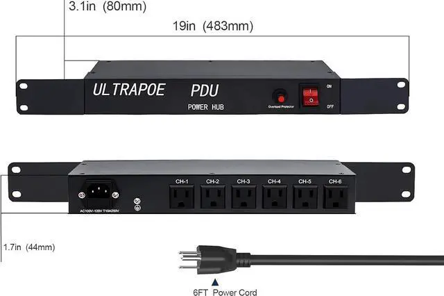 Alt view image 6 of 7 - 6 Outlet Horizontal 1U Rack Mount PDU Power Strip,Surge Protector,Rack Mount Protection Power Outlet Strip for Server Racks,12A,1500 Joule,Heavy-Duty Electric Extension Cord Strip w/ 6 ft Power Cord