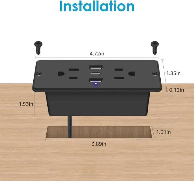 Alt view image 3 of 7 - HHSOET 5 in 1 Recessed Power Strip Flat Plug, 20W Fast Charging Furniture Outlet with USB, Conference Recessed Socket with 2 AC Plugs, 2 USB Ports 1 USB-C, 6ft Power Cord. (Black)