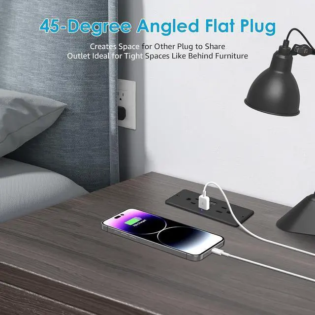 Alt view image 5 of 7 - HHSOET 5 in 1 Recessed Power Strip Flat Plug, 20W Fast Charging Furniture Outlet with USB, Conference Recessed Socket with 2 AC Plugs, 2 USB Ports 1 USB-C, 6ft Power Cord. (Black)