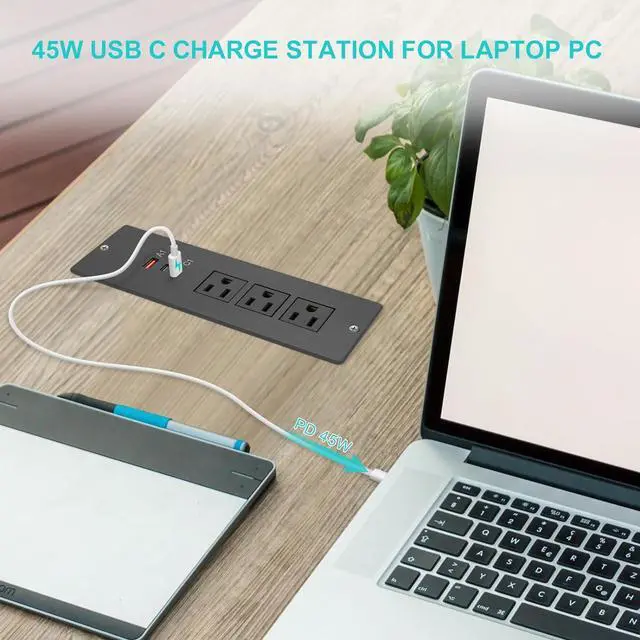 Alt view image 3 of 7 - 45W Recessed Power Strip USB C for Laptop,Flush Mount Desk Power Outlets 3 AC Outlets 3 USB Ports Flat Plug Extension Cord Built in Sofa Table Cabinet Nightstand Couch Black