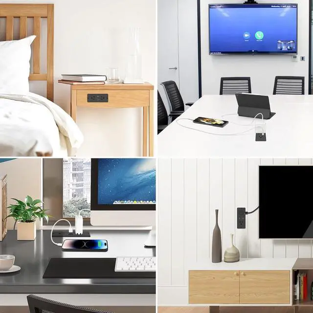Alt view image 6 of 7 - HHSOET 5 in 1 Recessed Power Strip Flat Plug, 20W Fast Charging Furniture Outlet with USB, Conference Recessed Socket with 2 AC Plugs, 2 USB Ports 1 USB-C, 6ft Power Cord. (Black)