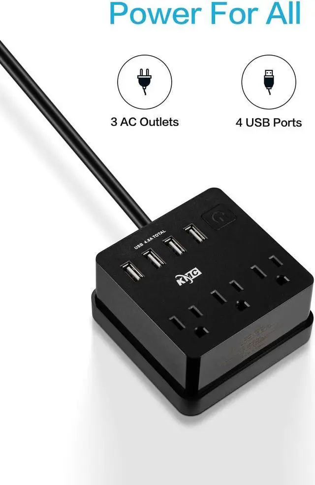Alt view image 2 of 7 - KMC 3-Outlet Travel Power Strip with USB Ports (4 USB-A), 5 ft Extention Cord with Multiple Outlets and USB Power Strip, Travel Extension Cord with USB Ports, Power Cube with USB Ports, Black