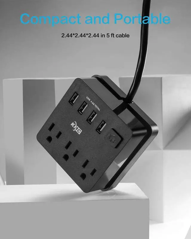 Alt view image 4 of 7 - KMC 3-Outlet Travel Power Strip with USB Ports (4 USB-A), 5 ft Extention Cord with Multiple Outlets and USB Power Strip, Travel Extension Cord with USB Ports, Power Cube with USB Ports, Black