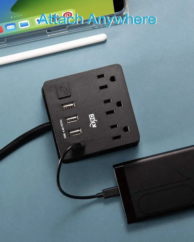 Alt view image 7 of 7 - KMC 3-Outlet Travel Power Strip with USB Ports (4 USB-A), 5 ft Extention Cord with Multiple Outlets and USB Power Strip, Travel Extension Cord with USB Ports, Power Cube with USB Ports, Black
