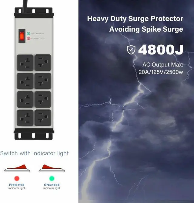 Alt view image 2 of 7 - CCCEI Heavy Duty Power Strip Surge Protector 20 AMP, 8 Outlets 12 Gauge Industrial Shop Garage Metal Multiple Outlets, 6 FT Extension Cord 5-15P Adapter High Amp 6-20R T-Slot 20a for Appliance