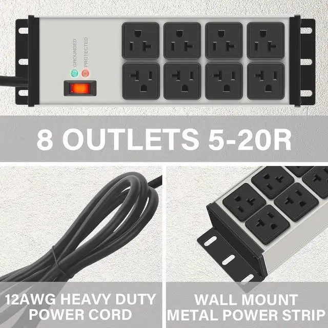 Alt view image 3 of 7 - CCCEI Heavy Duty Power Strip Surge Protector 20 AMP, 8 Outlets 12 Gauge Industrial Shop Garage Metal Multiple Outlets, 6 FT Extension Cord 5-15P Adapter High Amp 6-20R T-Slot 20a for Appliance