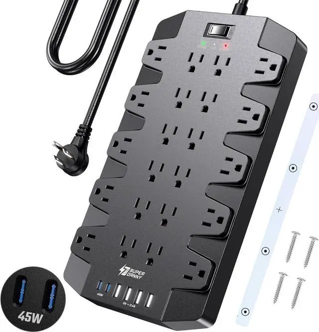 Main image of PD 45W Fast Charging Power Strip Surge Protector with 22 Outlet + 6 USB Port, SUPERDANNY 1875W/15A, 2100J, 6.5ft 45° Plug Mountable Extension Cord for Home,Office,Dorm,Gaming,PC,Streaming