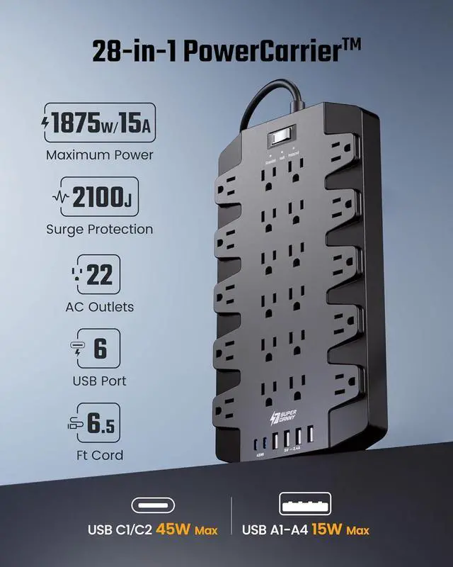 Alt view image 3 of 7 - PD 45W Fast Charging Power Strip Surge Protector with 22 Outlet + 6 USB Port, SUPERDANNY 1875W/15A, 2100J, 6.5ft 45° Plug Mountable Extension Cord for Home,Office,Dorm,Gaming,PC,Streaming
