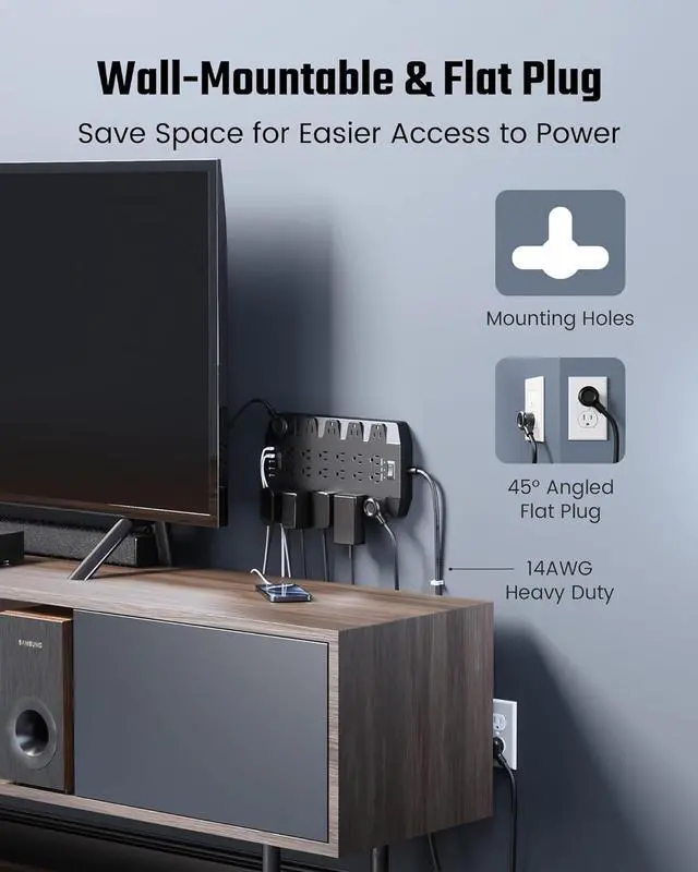 Alt view image 6 of 7 - PD 45W Fast Charging Power Strip Surge Protector with 22 Outlet + 6 USB Port, SUPERDANNY 1875W/15A, 2100J, 6.5ft 45° Plug Mountable Extension Cord for Home,Office,Dorm,Gaming,PC,Streaming