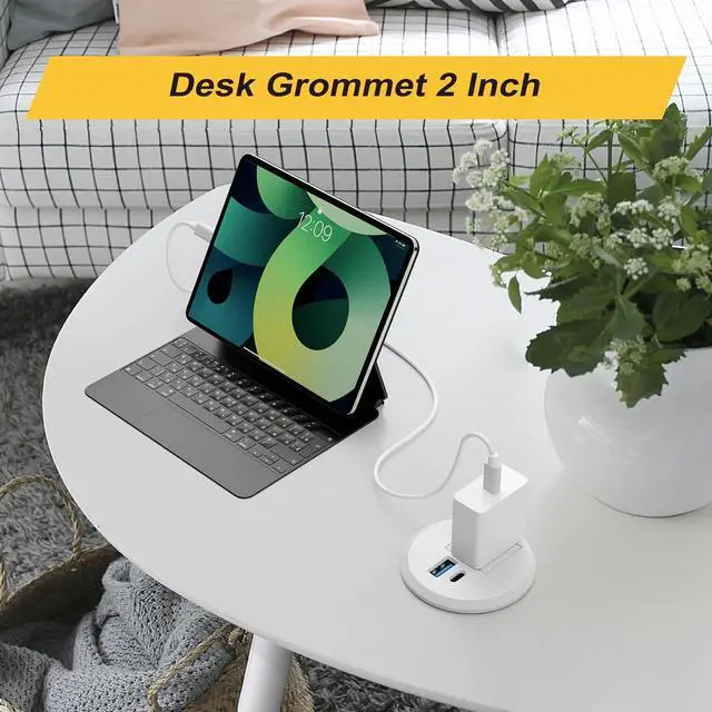 Alt view image 2 of 7 - 2 Inch Desk Power Grommet USB C PD 20W, Recessed Power Strip Socket with AC Plugs and 2 USB Charging Ports, Hidden Power Strip for Office Furniture Conference Room Kitchen Table, White