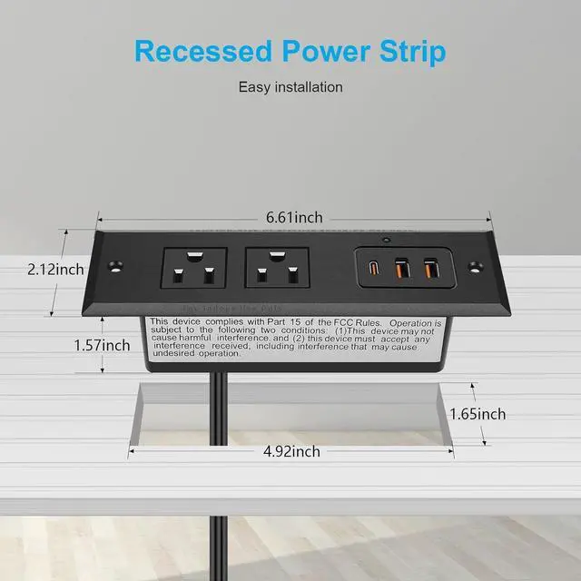 Alt view image 3 of 7 - Recessed Power Socket, PD 20W USB C Fast Charging Power Strip, Plug in 2 Outlets & 2 USB-A Ports &1 USB-C Port,Connect Flat Plug 6.5ft Extension Cord