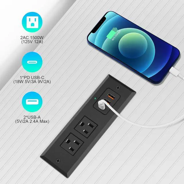 Alt view image 4 of 7 - Recessed Power Socket, PD 20W USB C Fast Charging Power Strip, Plug in 2 Outlets & 2 USB-A Ports &1 USB-C Port,Connect Flat Plug 6.5ft Extension Cord
