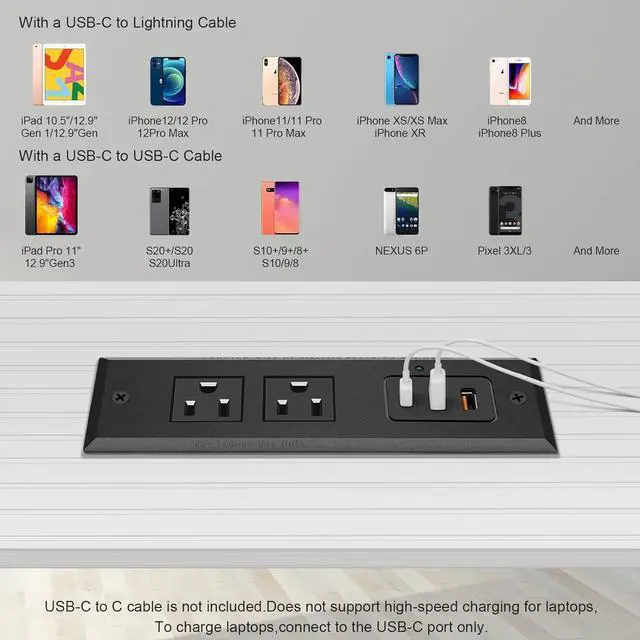 Alt view image 5 of 7 - Recessed Power Socket, PD 20W USB C Fast Charging Power Strip, Plug in 2 Outlets & 2 USB-A Ports &1 USB-C Port,Connect Flat Plug 6.5ft Extension Cord
