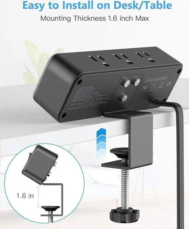 Alt view image 6 of 7 - Desk Clamp Power Strip with PD 20W USB C, Desktop Edge Mount Surge Protector with 6 Outlet, Table Edge Socket with Switch, 6 ft Flat Plug Slim Extension Cord, Fit 1.8 inch Tabletop Edge Thick
