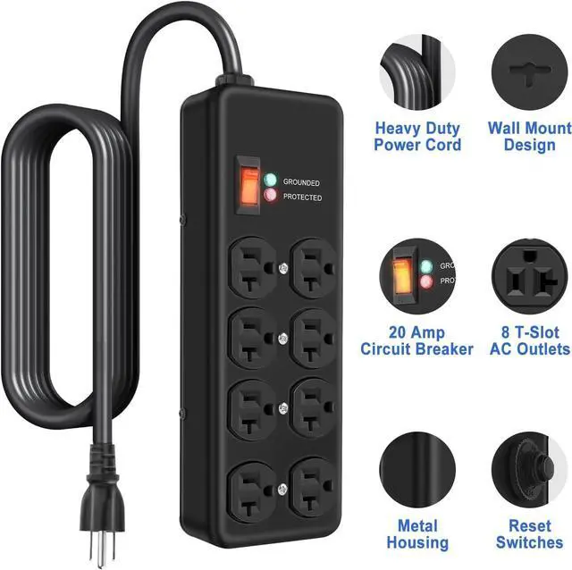 Alt view image 2 of 7 - 20Amp Power Strip Surge Protector, Durable Metal 8-Outlet with Heavy Duty 20 Amp 10Ft 12 Gauge Extension Cord, for Garage, Workshop & Industrial Use with 6-20R T-Slot Outlets, 4800J