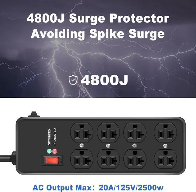Alt view image 3 of 7 - 20Amp Power Strip Surge Protector, Durable Metal 8-Outlet with Heavy Duty 20 Amp 10Ft 12 Gauge Extension Cord, for Garage, Workshop & Industrial Use with 6-20R T-Slot Outlets, 4800J