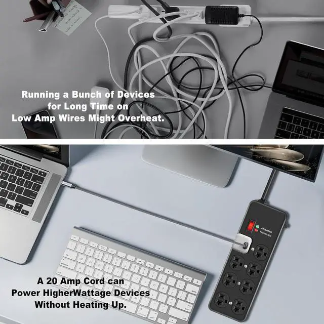 Alt view image 5 of 7 - 20Amp Power Strip Surge Protector, Durable Metal 8-Outlet with Heavy Duty 20 Amp 10Ft 12 Gauge Extension Cord, for Garage, Workshop & Industrial Use with 6-20R T-Slot Outlets, 4800J