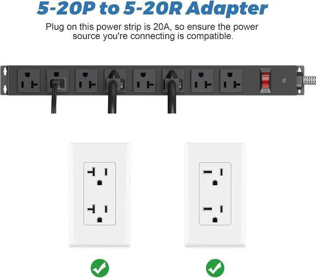 Alt view image 2 of 7 - HEZI 20 Amp Power Strip Surge Protector 1200J, Metal 8 Outlets Heavy Duty 20amp, 6Ft 12 Gauge Extension Cord for Appliance Workbench Garage Industrial, Combine with T-Plug Adapter,5-20R T-Slot