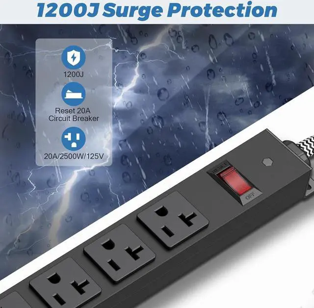 Alt view image 4 of 7 - HEZI 20 Amp Power Strip Surge Protector 1200J, Metal 8 Outlets Heavy Duty 20amp, 6Ft 12 Gauge Extension Cord for Appliance Workbench Garage Industrial, Combine with T-Plug Adapter,5-20R T-Slot
